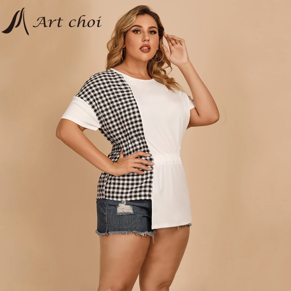 

Summer Women Irregular Plaid T Shirt Sexy Casual Bodycon Short Sleeve Office Ladies Top Tee Camisa Feminina футболка Plus Size