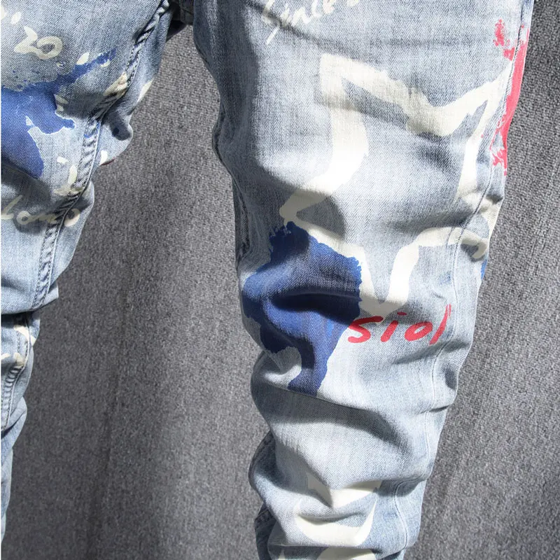 European American Street Fashion Men Jeans Retro Light Blue Slim Fit Printed Jeans Men Casual Designer Hip Hop Denim Punk Pants