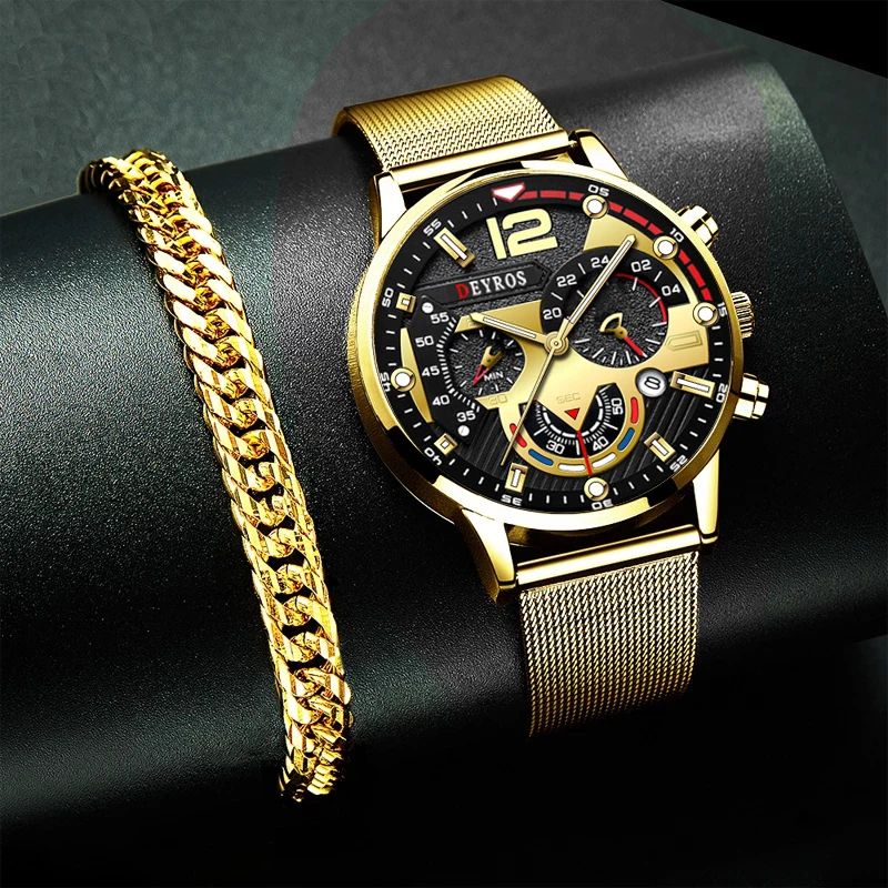 

Часы мужские кварцевые с календарем, деловые светящиеся с сетчатым браслетом из нержавеющей стали, с золотым ремешком