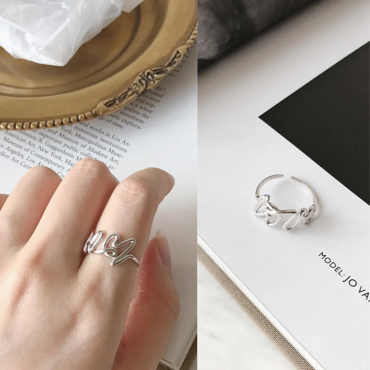 

South Korea han edition S925 pure silver fashion personality delicate ring ring opening children LOVE word