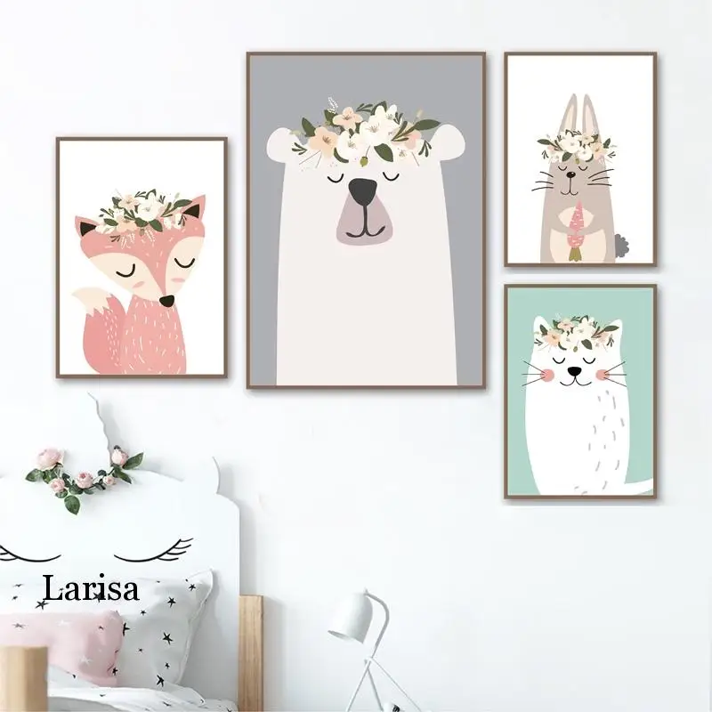 

Woodland Animals Nursery Art Prints Pastel Colors Baby Girl Wall Decor Poster Kids Room Fox Bear Forest Art Canvas Painting