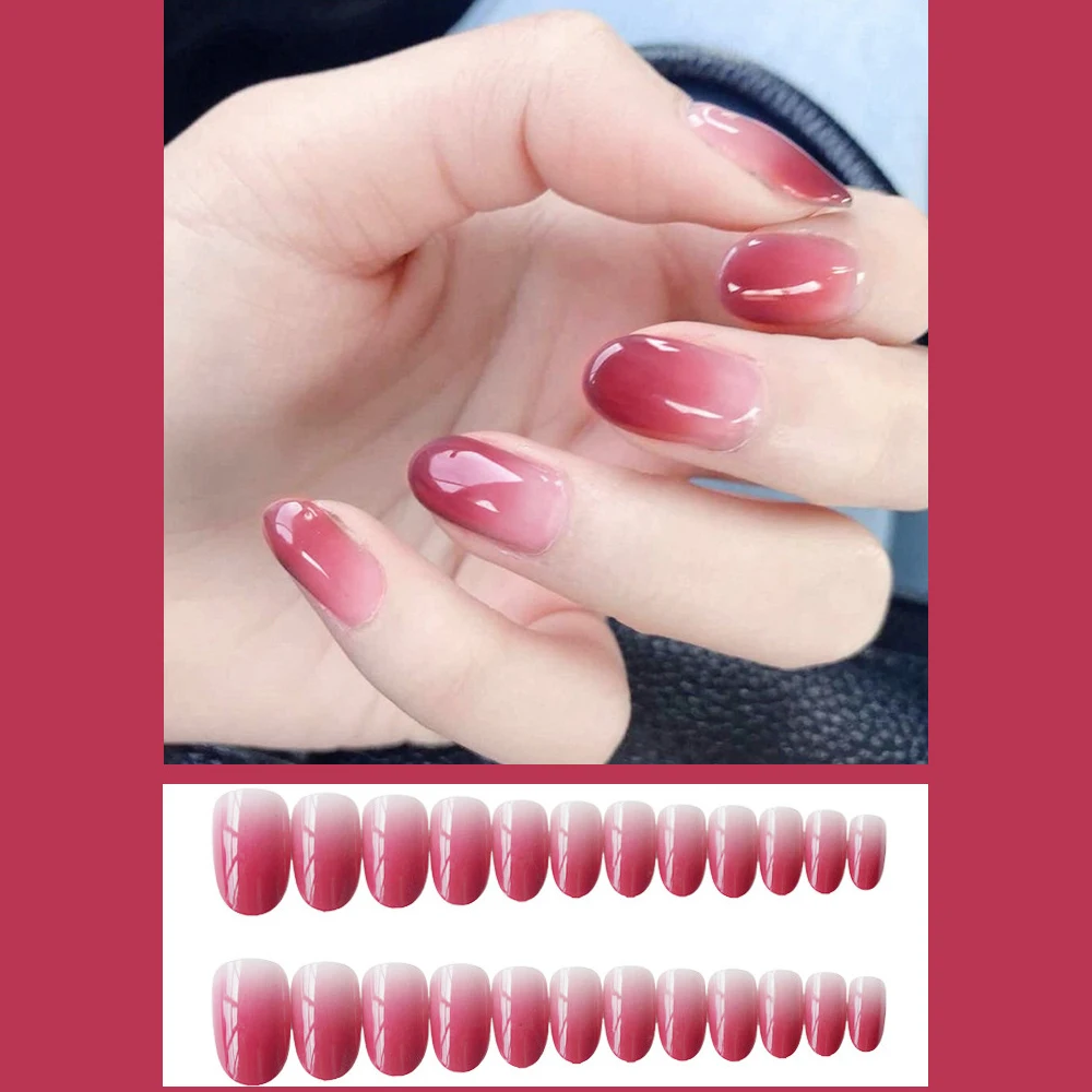24Pcs Artificial Fake Nail Press on Full Cover Nails Tips Pink Shiny False Short Extension Jelly Removable For Reuse | Красота и