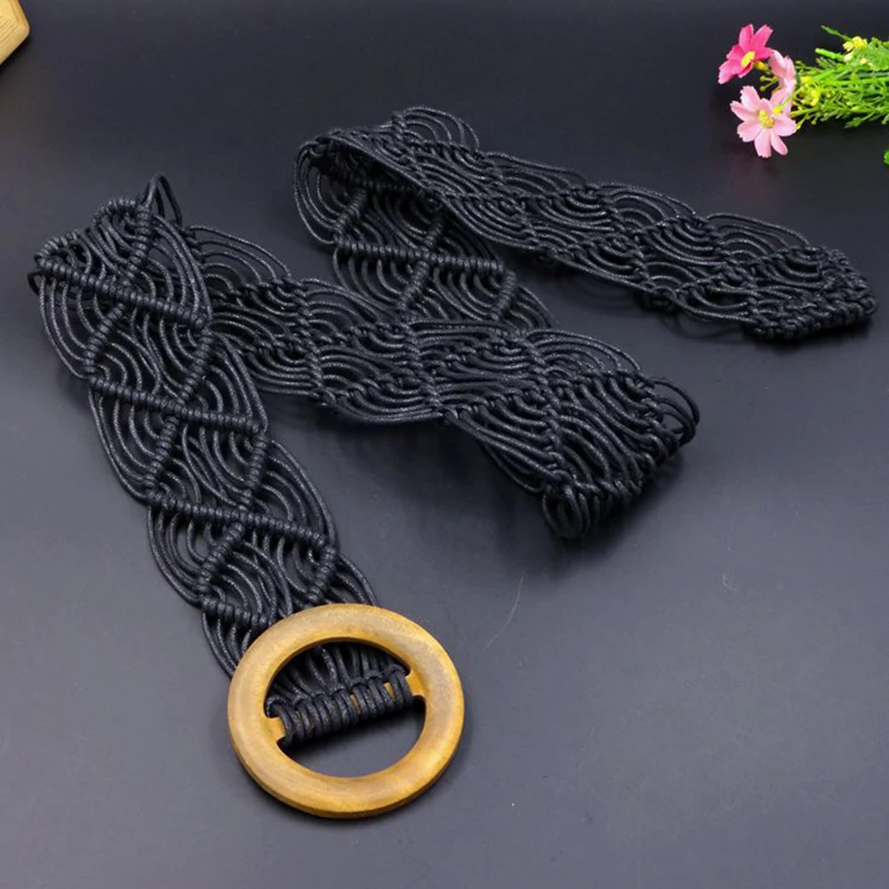 Boho Стиль на вощеном шнуре из трикотажный пояс круглые деревянные пряжка с
