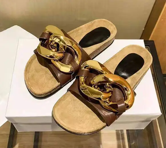 

BONJEAN Summer Gold Chains Decorations Women Flat Shoes Sexy Black Brown White Leather Casual Slides Beach Wearing Slippers