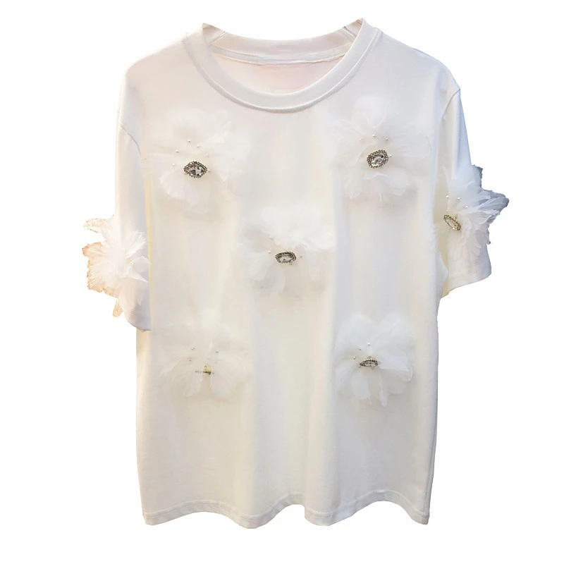 

Beads Rhinestones Short Sleeve T-shirt for Women 2021 Summer Korean Style Loose O Neck Personality Three-Dimensional Flower Top