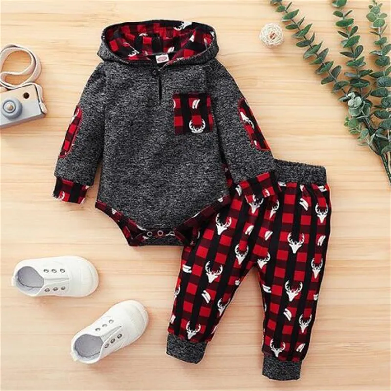 

New Hot Sale 2 Pcs Newborn Christmas Outfits Toddler Plaid Deer Head Pattern Long Sleeve Hooded Romper with Pocket + Trousers
