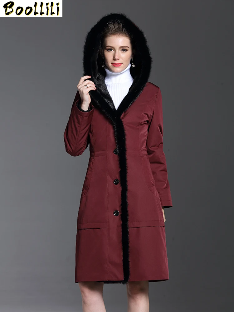 

Natural Rabbit Boollili Fur Liner Parka Winter Jacket Women Mink Fur Collar Hooded Long Coat Female Outwear Chaqueta Mujer