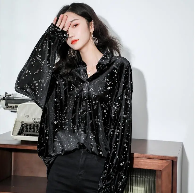 

Womens Tops And Blouses Autumn Winter Fashion Black Long Shirt Loose Plus size Blouse Women Lapel Long sleeve Shirts Top