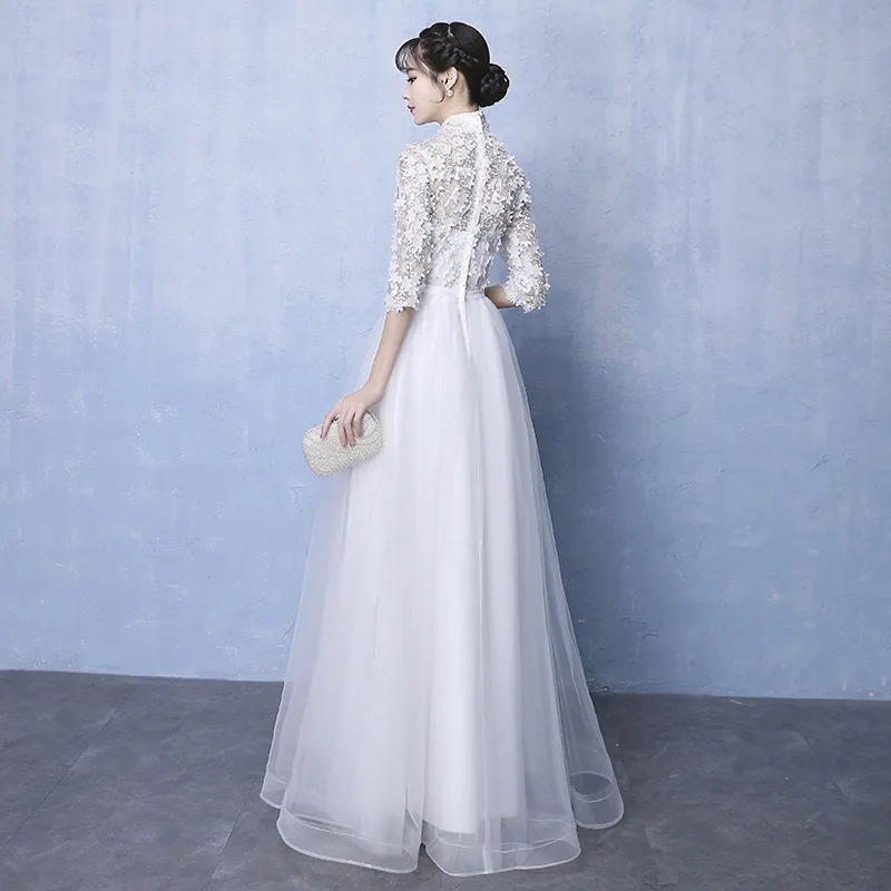 Винтажное Белое Женское платье Ципао длинное вечернее с воротником стойкой