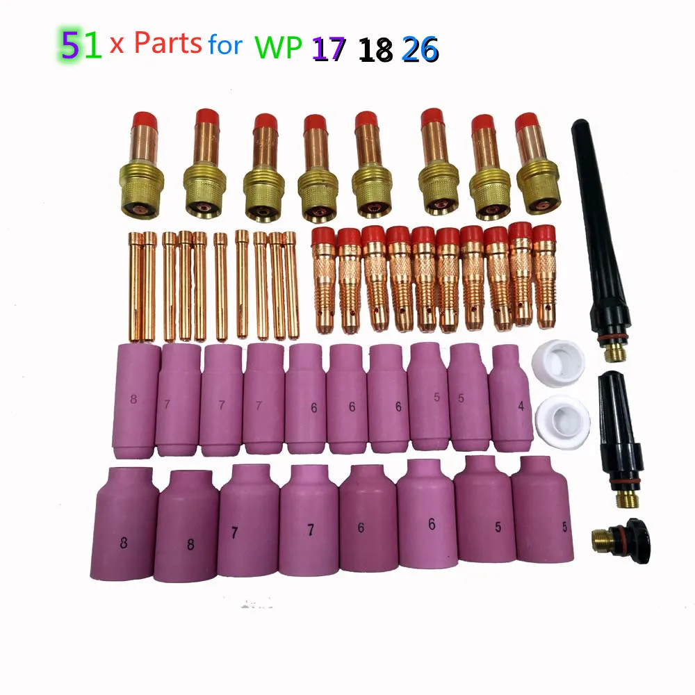 51Pcs TIG Welding Torch Stubby Gas Lens For WP17 WP18 WP26 TIG Back Cap Collet Bodies Spares Kit Durable Practical Accessories