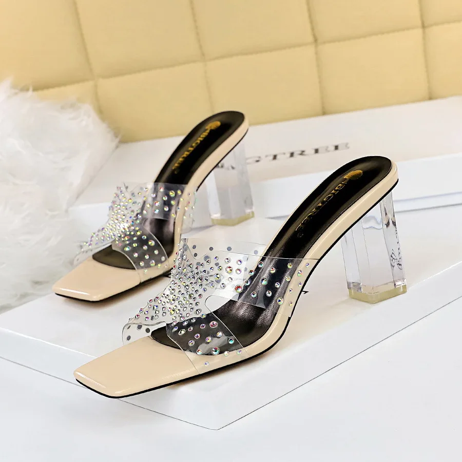 

Korean Fashion Daily Women's Sandals Transparent Heels High Heels Square Toe Exposed Shiny Rhinestone Women's Slippers