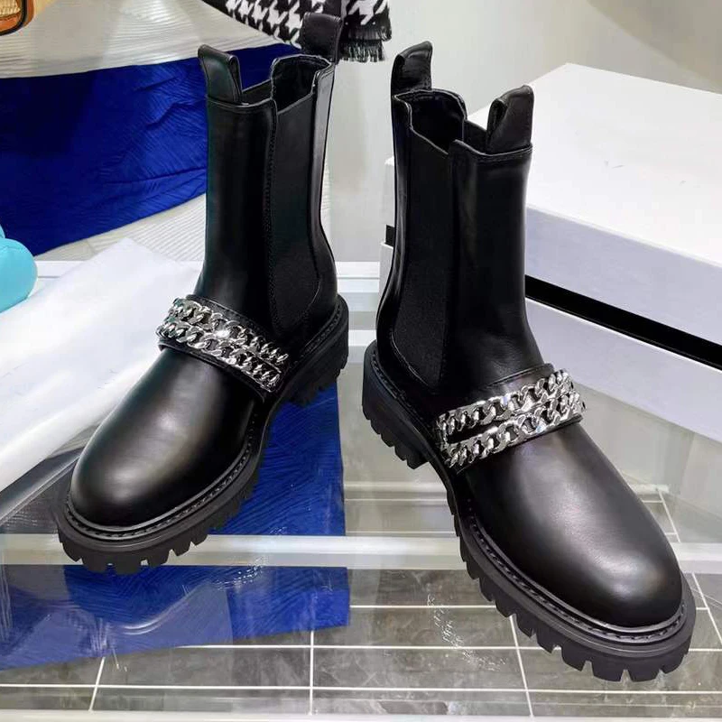 

Elegant Double Chain Black Leather Ankle Boots Fashion Women Platform Chelsea boots Handmade Ladies Shoes Without Box