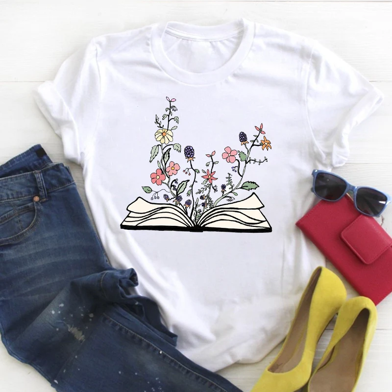 

Women Flower Floral Book Cute Print Short Sleeve Ladies Summer T Tee Female Top Shirt Clothes Tshirt Womens Graphic T-shirt