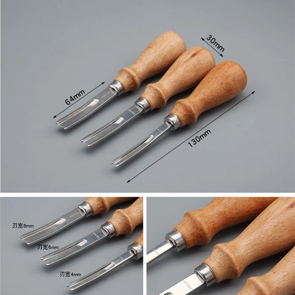 

4/6/8mm Handmade Leather Trimming Knife Leather Thinning Leather Edge Chamfering Tool Wide Mouth Wooden Handle Cutting Tool