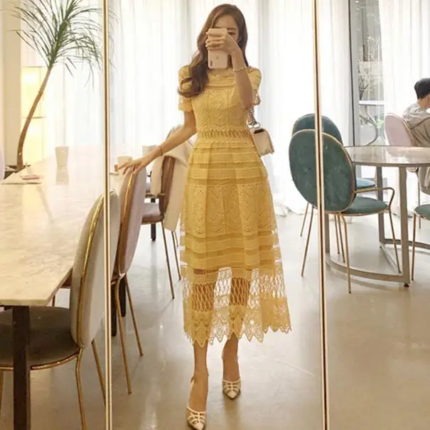 Женское кружевное платье Элегантное летнее средней длины с коротким рукавом и