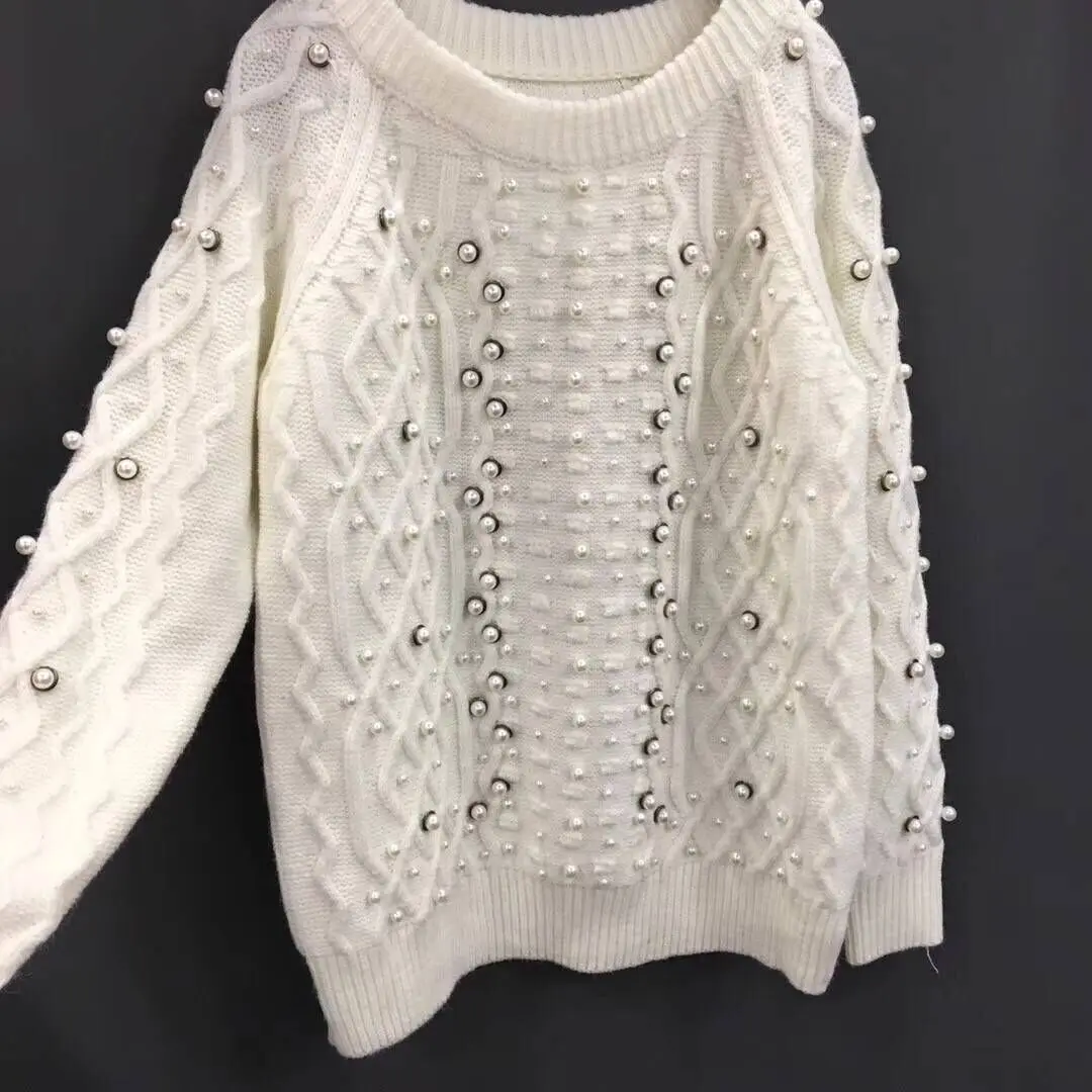 2020 Vintage Women Sweater And Pullovers Pearl Beading Long Sleeve Knitted White Tricot Pull Femme | Женская одежда