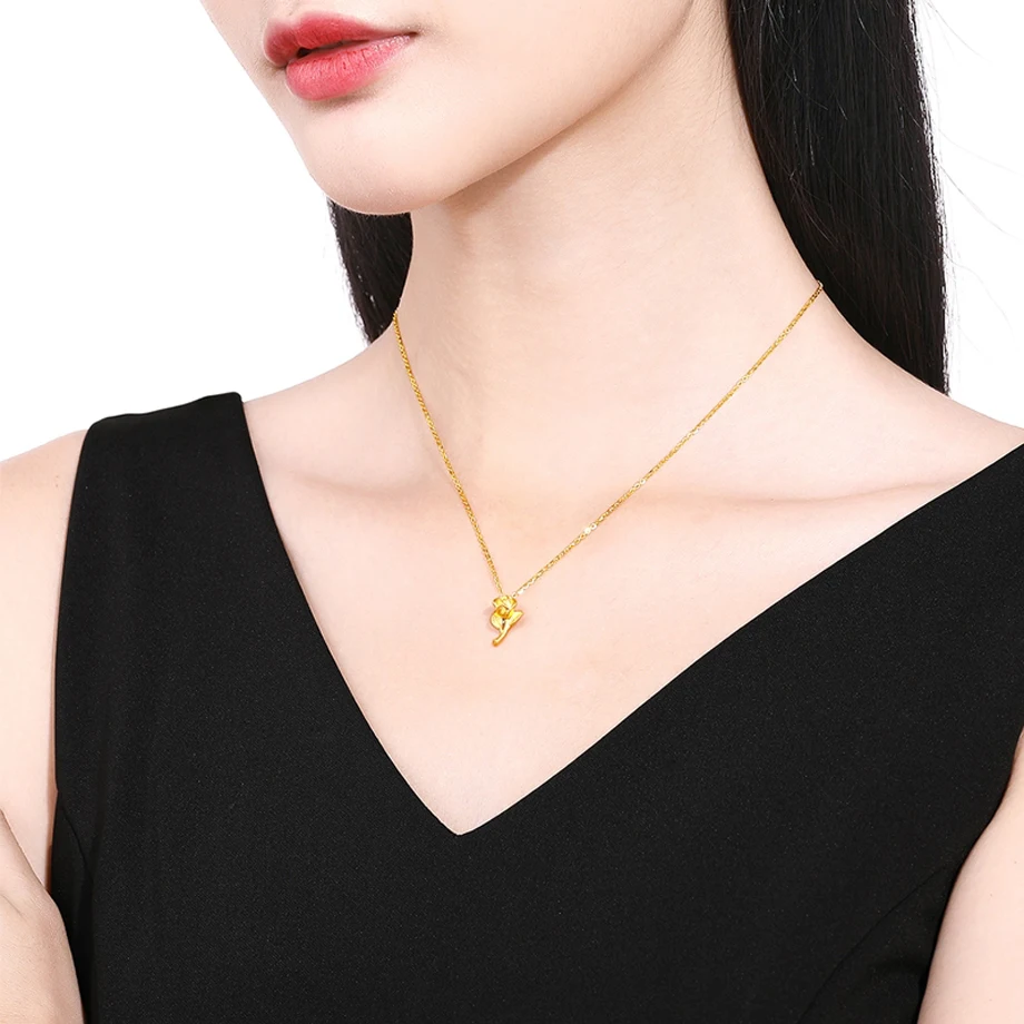 

YUNLI Real 24K 999 Yellow Gold Rose Flower Pendant Necklace Pure 18K Gold AU750 Chain for Women Fine Jewelry Wedding Gift