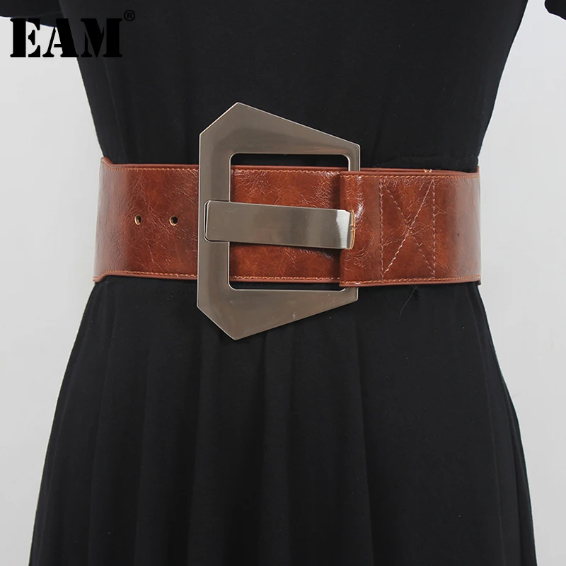 

[EAM] Camel Metal Buckle Wide Long Pu Leather Belt Personality Women New Fashion Tide All-match Spring Autumn 2022 1DD9348
