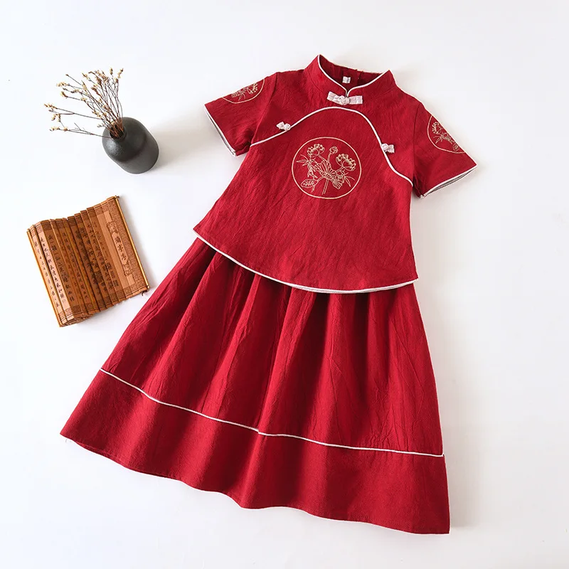 Костюм для девочек из 2 предметов рубашка и юбка хлопка льна в китайском