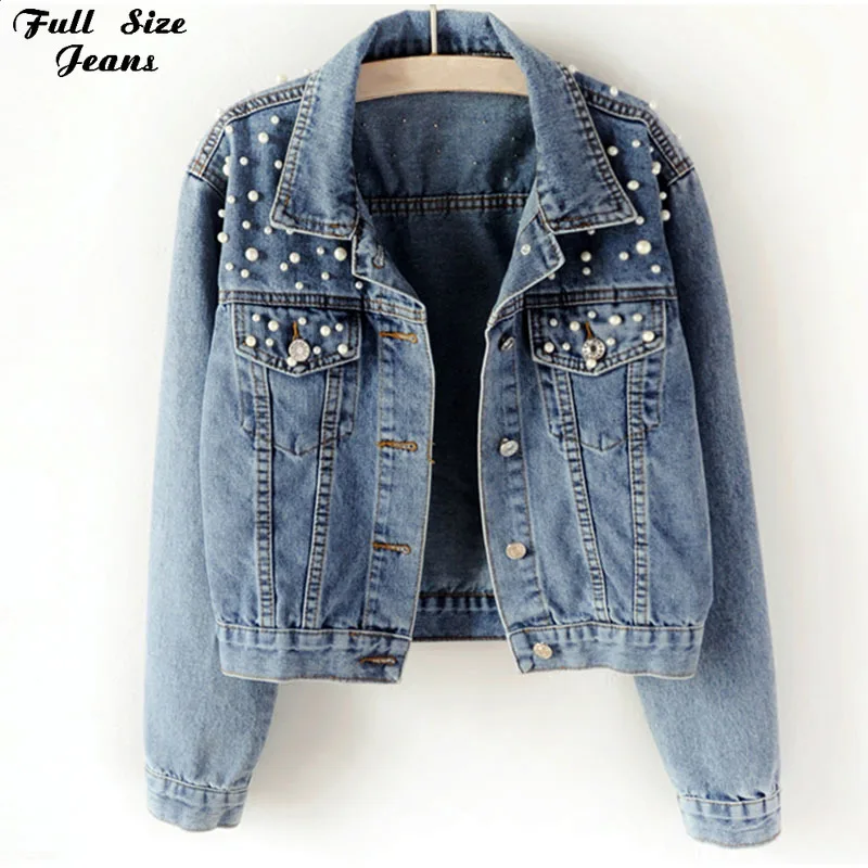 

Chaqueta Vaquera Mujer Plus Size Women Clothing Jean Jacket Pearl Beading Short Veste Femme 5Xl Vintage Street Casual Bomber