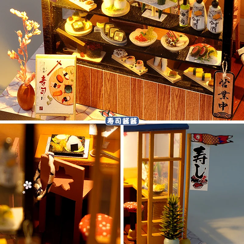 

Japanese Sushi Store DIY Miniature 3D Doll House With Furniture Cloth Shop Cute Casa Dollhouse Toys for Children Girls Gifts