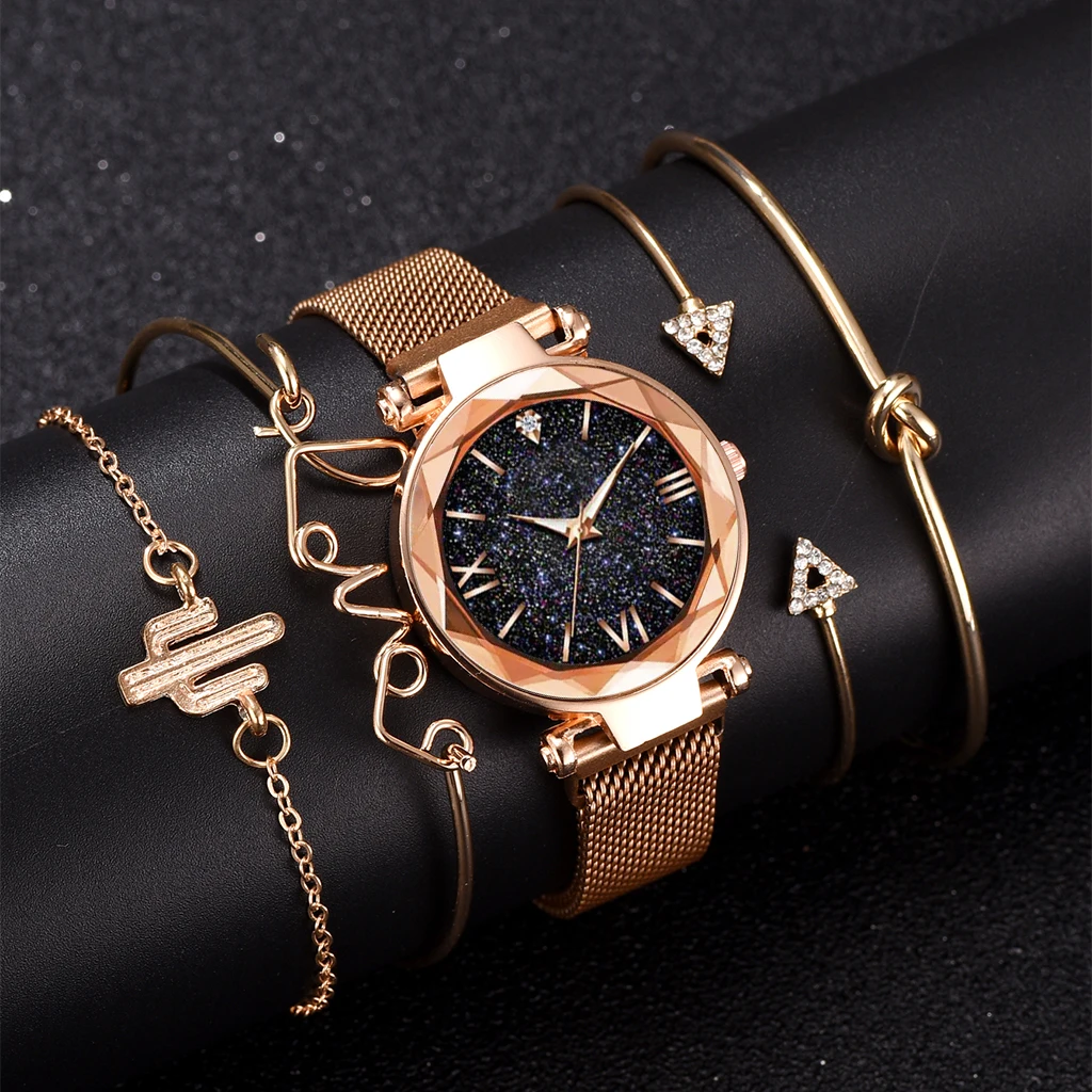 

uxury Brand Rose Gold Starry Sky Dial Watches Women Ladies Crystal Bracelet Quartz Wrist Watch 5 PCS Set Relogio Feminino