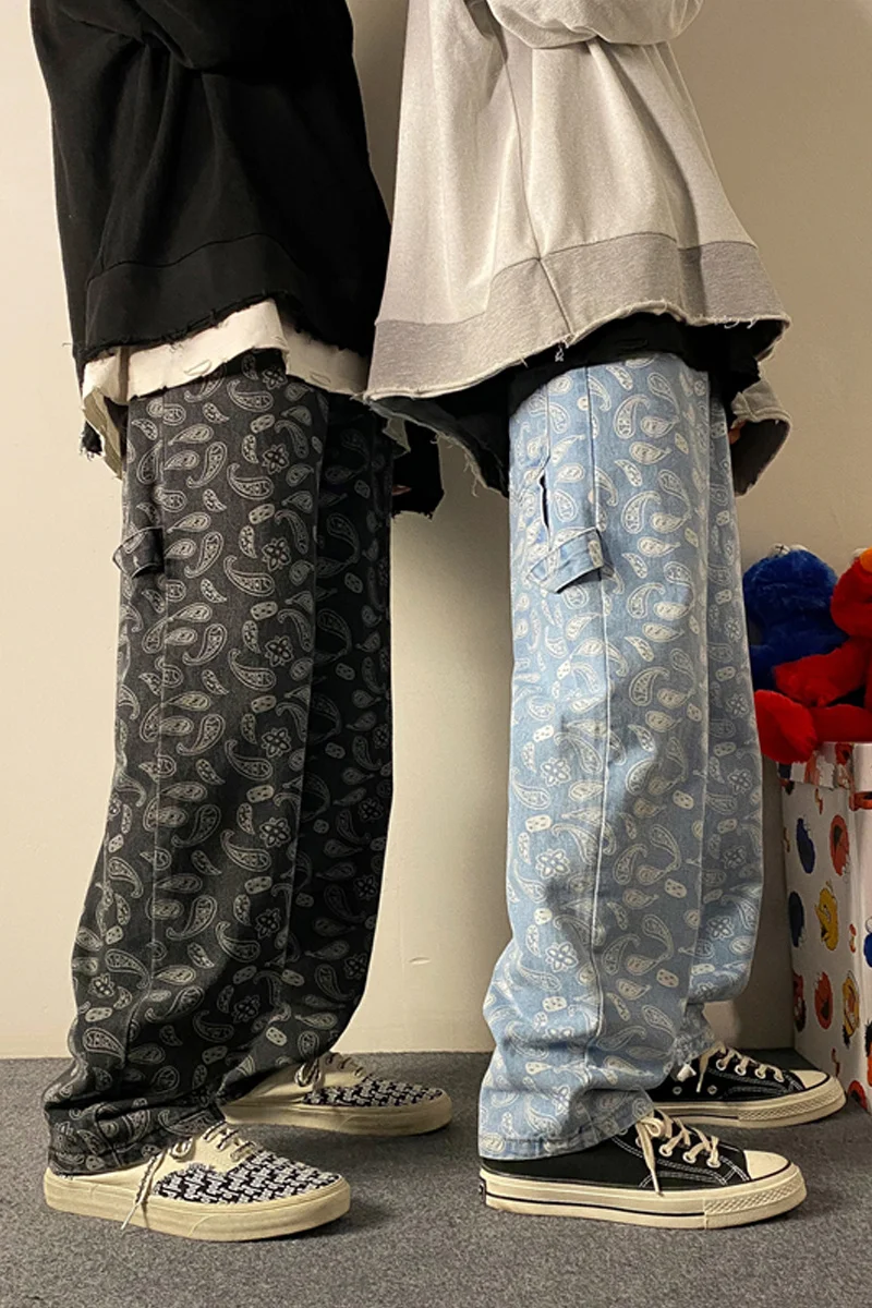 

Men Prints Summer Right Jeans Man 2021 Korean Fashion Hip Hop Jeans Joggers Male Loose Denim Broek Clothing