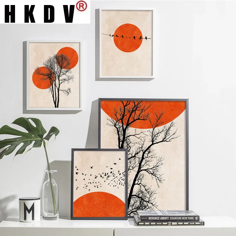 

HKDV Orange Sun Black Tree Bird Landscape Color Contrast Canvas Painting Wall Art Print Poster Picture Modern Living Room Decor