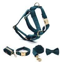 2021 new luxury thicken soft green velvet pet dog harness collar leash set engraving name id for small medium dogs with