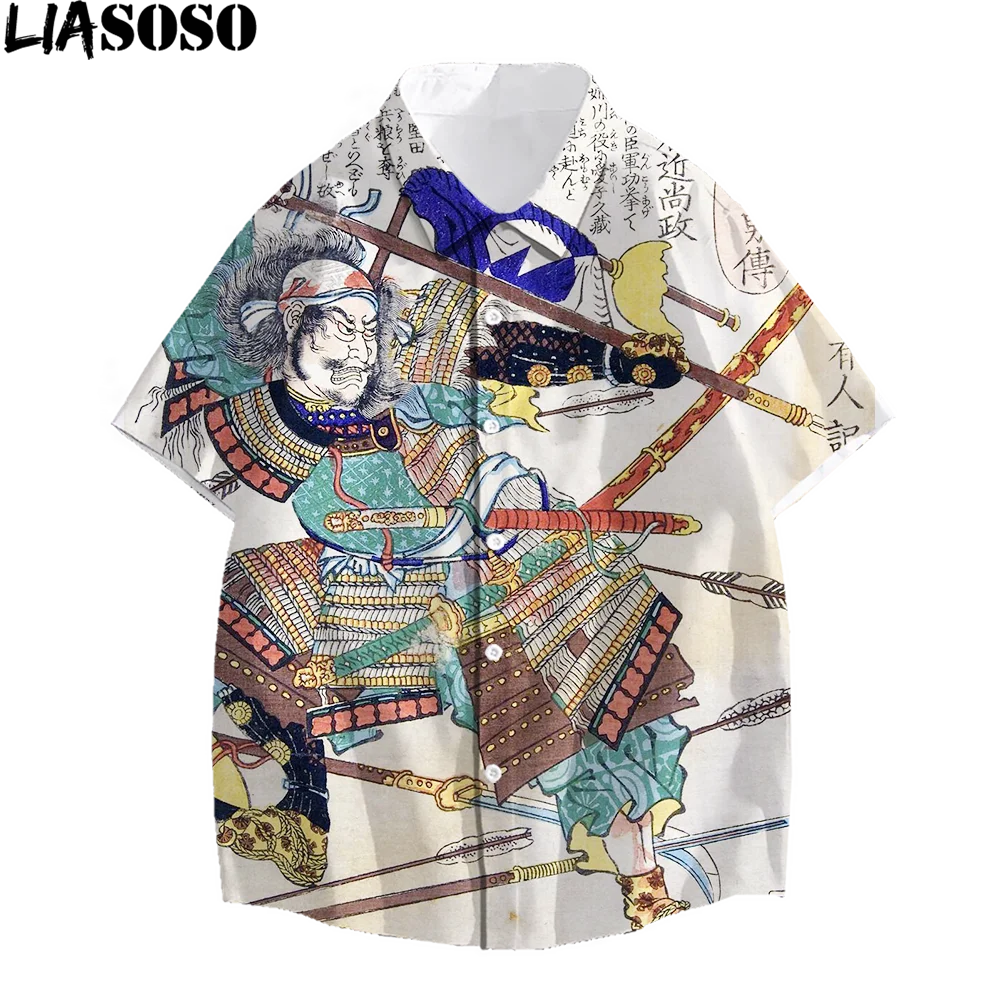 

LIASOSO Summer Men Shirts Punk Tops Printed Warrior Oversized Loose Shirt Couple Beach Cardigan Lapel Button Clothing