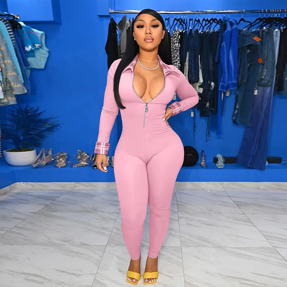 

Женский Облегающий комбинезон в байкерском стиле, шикарный длинный комбинезон в клетку с длинным рукавом, комбинезон на молнии в стиле High ...