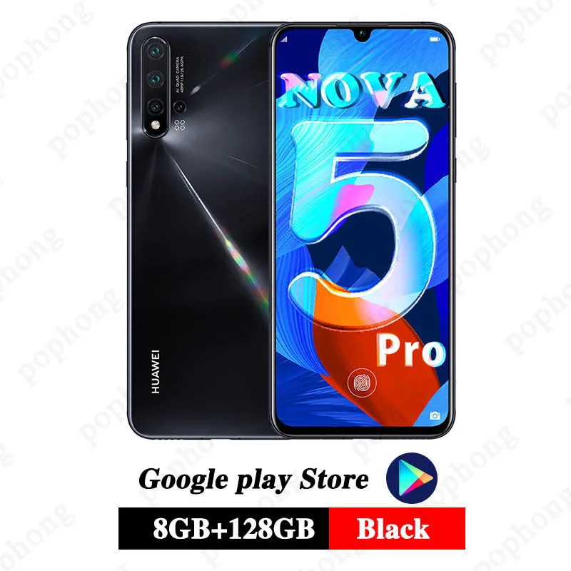8G 128G Black huawei Nova 5 pro, 8 ГБ, 128 ГБ, мобильный телефон, четыре ядра, 6,39 дюймов, OLED, Android 9,0, 3500 мАч, встроенный экран, отпечаток пальца, Google play - Цвет: 8G 128G Black