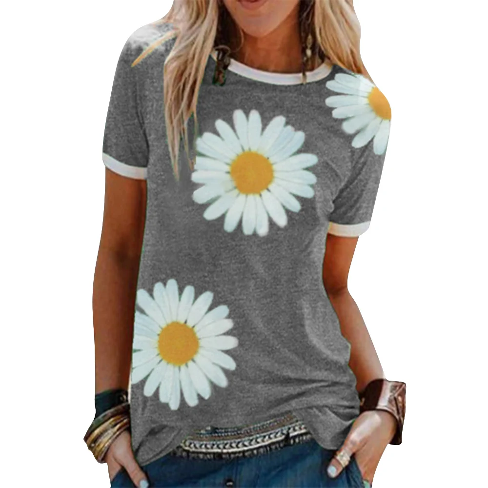 New Daisies Print Women T-Shirt Ladies Shirts O Neck Short Sleeve Tees Summer Female Casual Loose Tee Womens Clothes Q30 | Женская