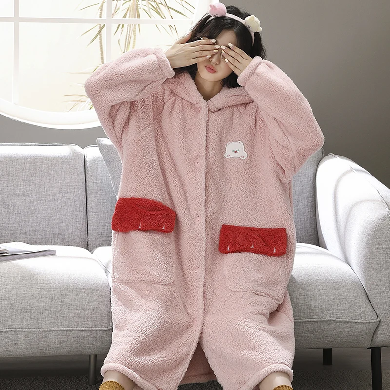 Pajamas Women's Autumn and Winter Coral Fleece Thickened Fleece Bathrobe Extended Nightgown Cute Cartoon Flannel Homewear