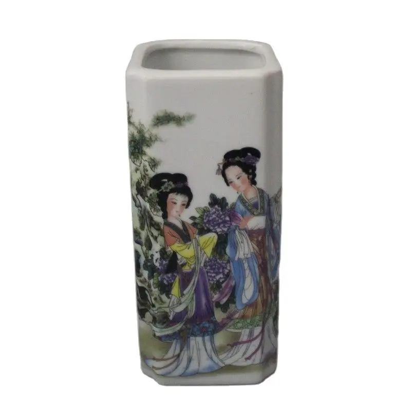 

Early collection of Qianlong famille rose lady's figure, square high pen holder, antique porcelain ornaments