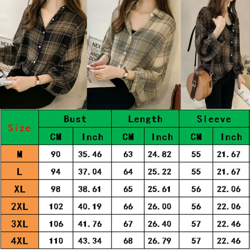 

New Fashion Women Ladies Long Sleeve Plaid Blouse Shirt Summer Casual Loose V Neck Shirt Tops Plus Size M-4XL