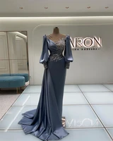light blue formal dress women elegant long sleeve prom dress luxury dubai v neck beaded crystal stain mermaid evening gowns