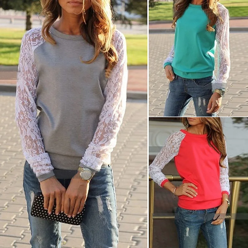 2019 Spring Women Casual Hoodies Sweatshirts Fashion Lace Patchwork Long Sleeve Sweatshirt O Neck Pullover Tops Sudaderas Mujer