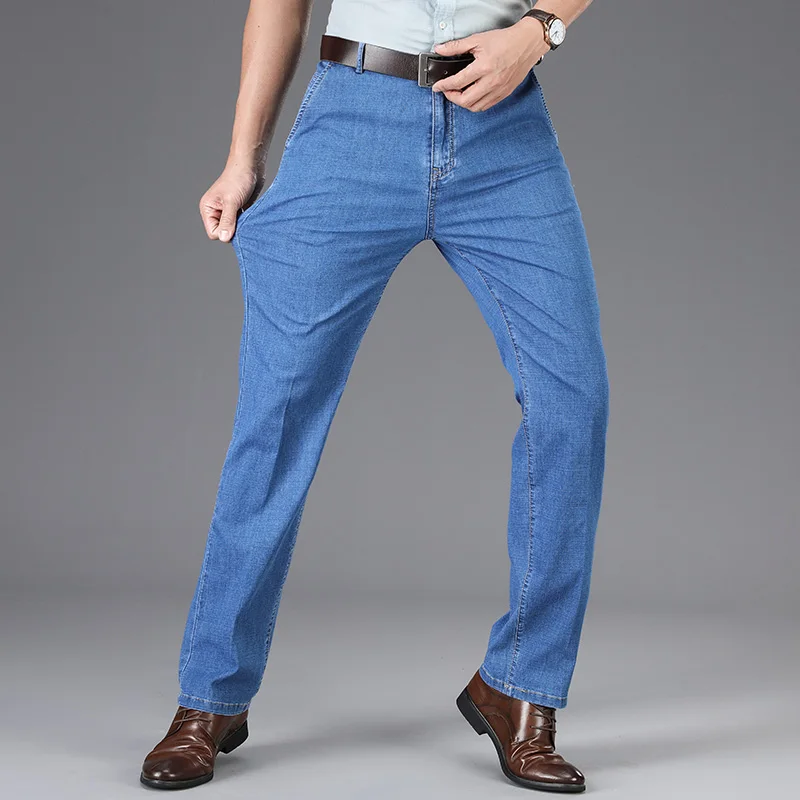 Мужские джинсы с завышенной талией темно синие зауженные прямые длинные брюки из