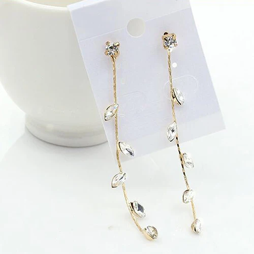 Женские модные элегантные длинные серьги Стразы линейные в виде веток из листьев