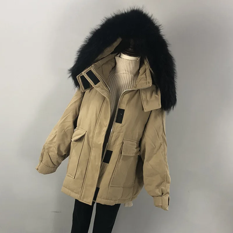 khaki-3 Большие размеры пуховик зимняя куртка женская куртка-пуховик обработанная Куртка пуховая куртка женская куртка с капюшоном и настоящим мехом Куртка "Сафари" - Цвет: khaki-3