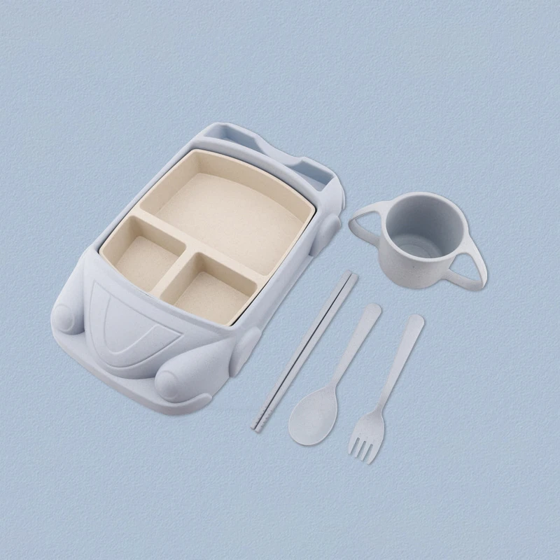 

1 Set Nordic Blue Green Wheat Straw Double-layer Lunch Box Children's Cartoon Creative Car Outdoor Travel Tableware 30.5cmx18cm
