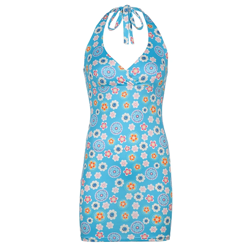 

Rockmore Floral Print Summer V-neck Halter Mini Dress Women Sexy Bodycon Party Dresses y2k Sleeveless Short Sundress Vestidos