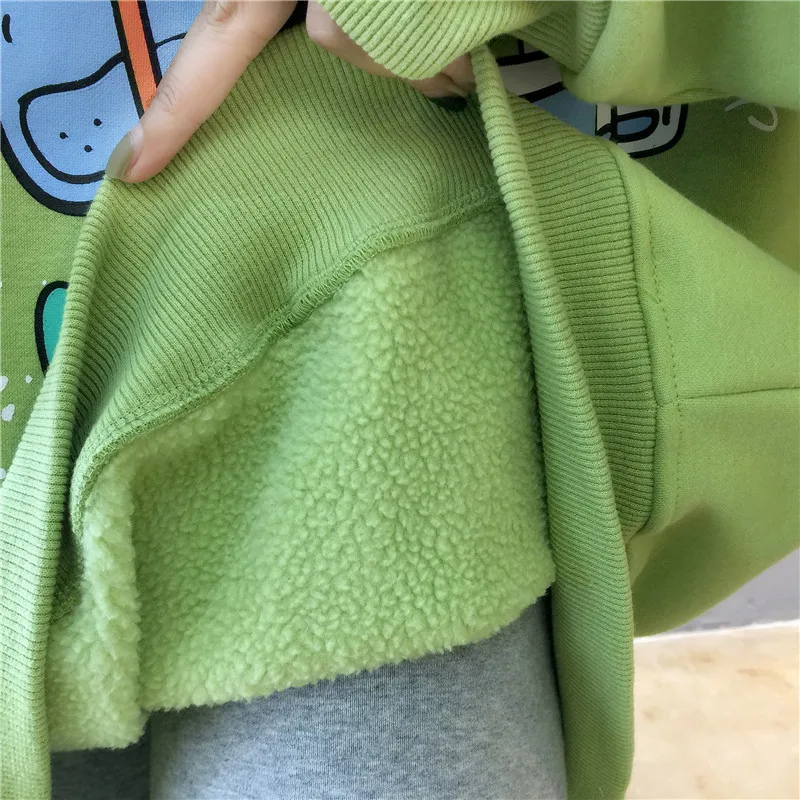 

Harajuku Cartoons Printed Graphics Oversized Hoodies Women Winter Autumn Fleece Hooded Sweatshirt Cute Pockets Pullover Tops