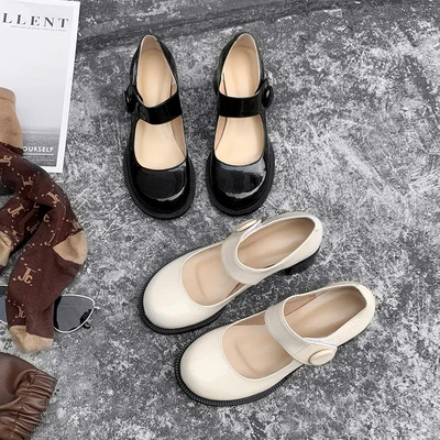 

Retro Square Toe Thick-heel Med Mary Janes Shoes Genuine Leather Shallow Mouth Herb Shoes Elegant Comfortable brown Shoes