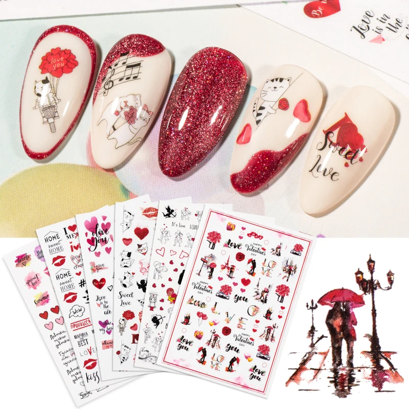 

1PC Heart Love Kiss Design 3D Nail Sticker Letter Face Pattern Trasnfer Sliders Valentine's Day Nail Art Decoration Accessories