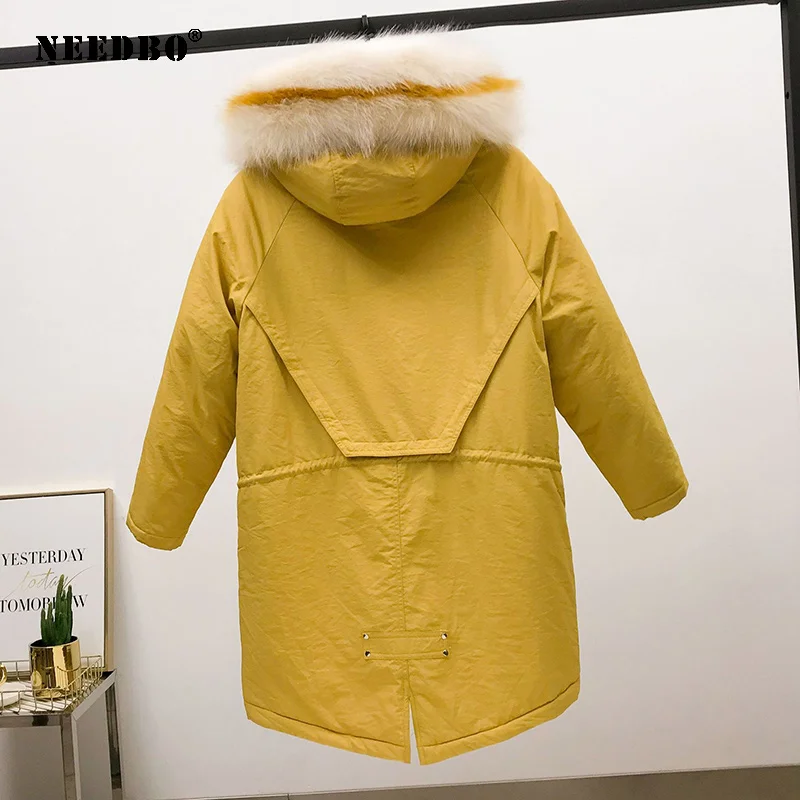 NEEDBO Warm Woman Winter Coats Puffer Winter Jacket Women Long Parka Fur Collar Casual Padded Outwear Black Long Fur Coat Women