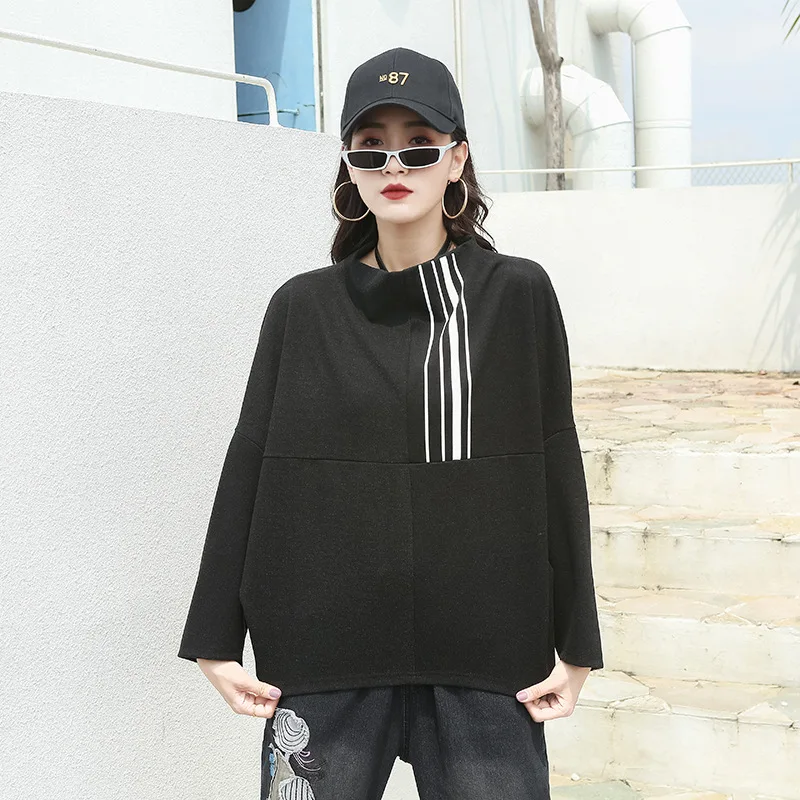 

SuperAen Vintage Stand Stripe Loose Plus Size Full Sweatshirt Women 2021 Autumn Winter New