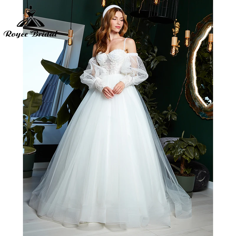 

Бальное платье с длинным рукавом-фонариком, открытой спиной, на тонких бретельках, с открытыми плечами, кружевное свадебное платье с сердеч...