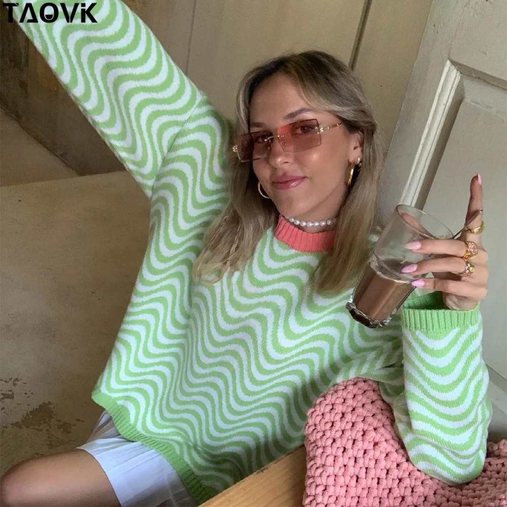 

TAOVK Autumn Winter Women's Casual Knitted Sweater Water Wave Pattern Loose Casual Long Sleeve Jumper